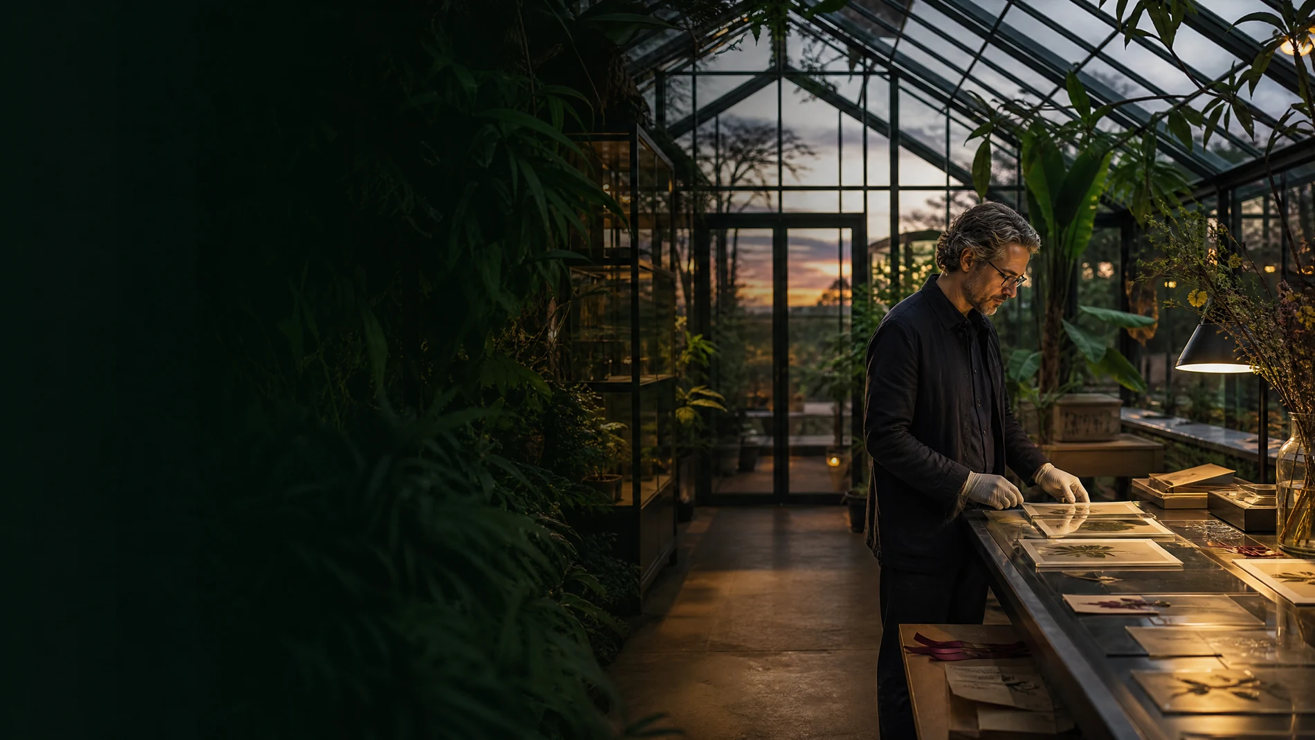 Curator working inside a contemporary glasshouse message archive at dusk