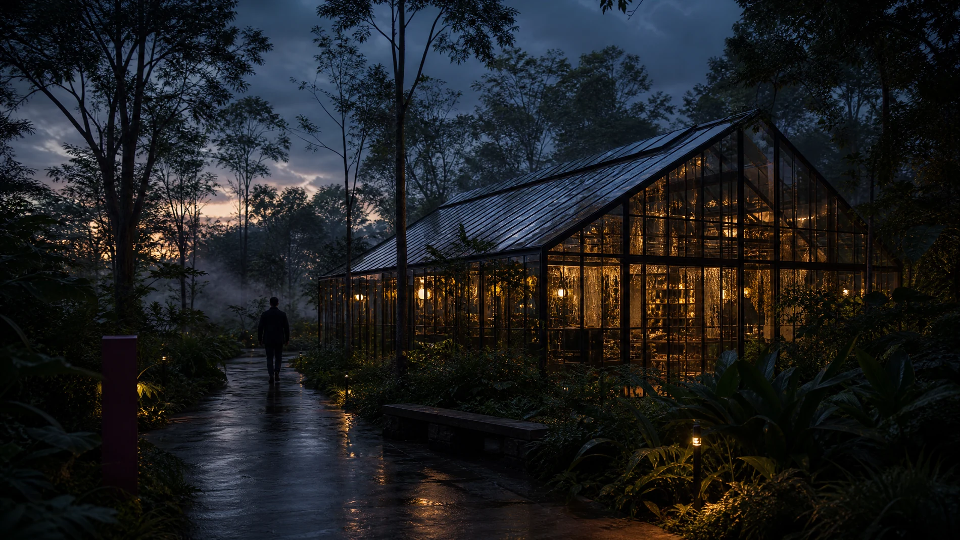 Contemporary glasshouse message archive illuminated at blue-hour dusk