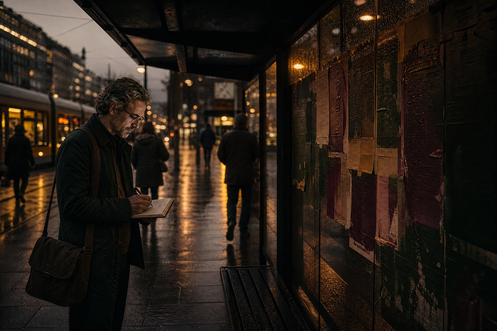 Marketing researcher studying public campaign messages at a rainy tram stop