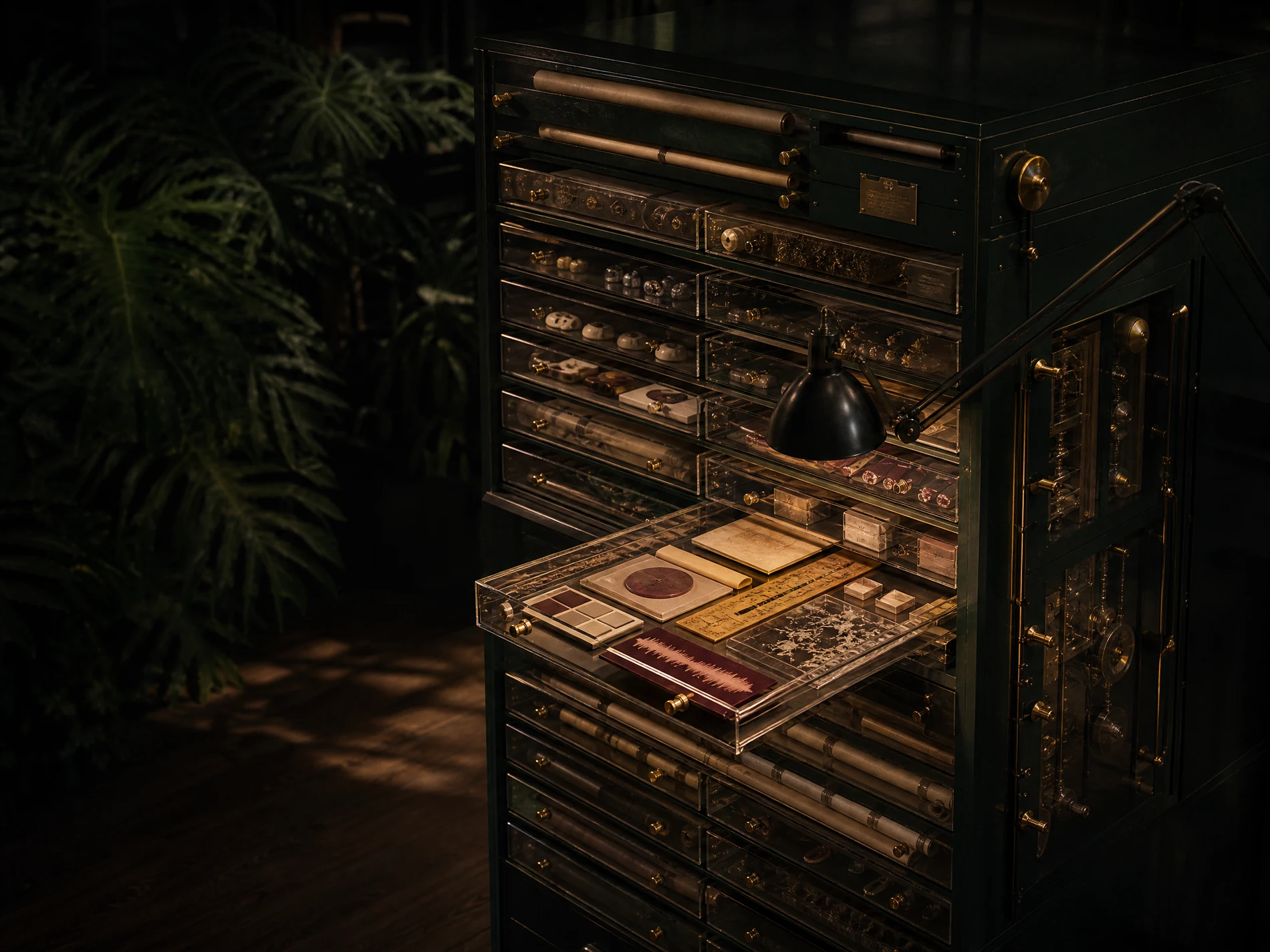 Mechanical transparent archive cabinet containing varied message artefacts
