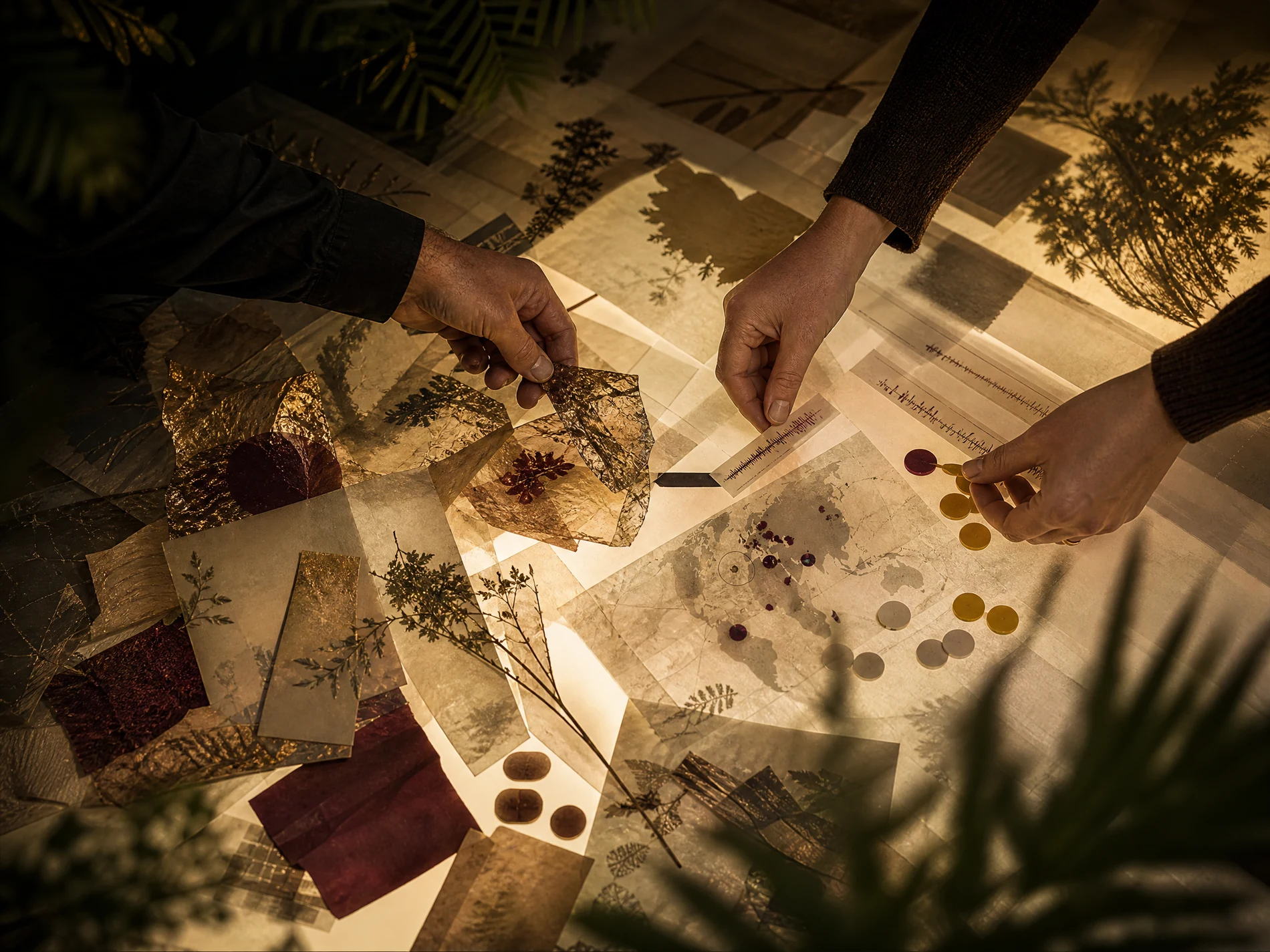 Hands sorting message samples, audience maps and coloured evidence tokens on a light table