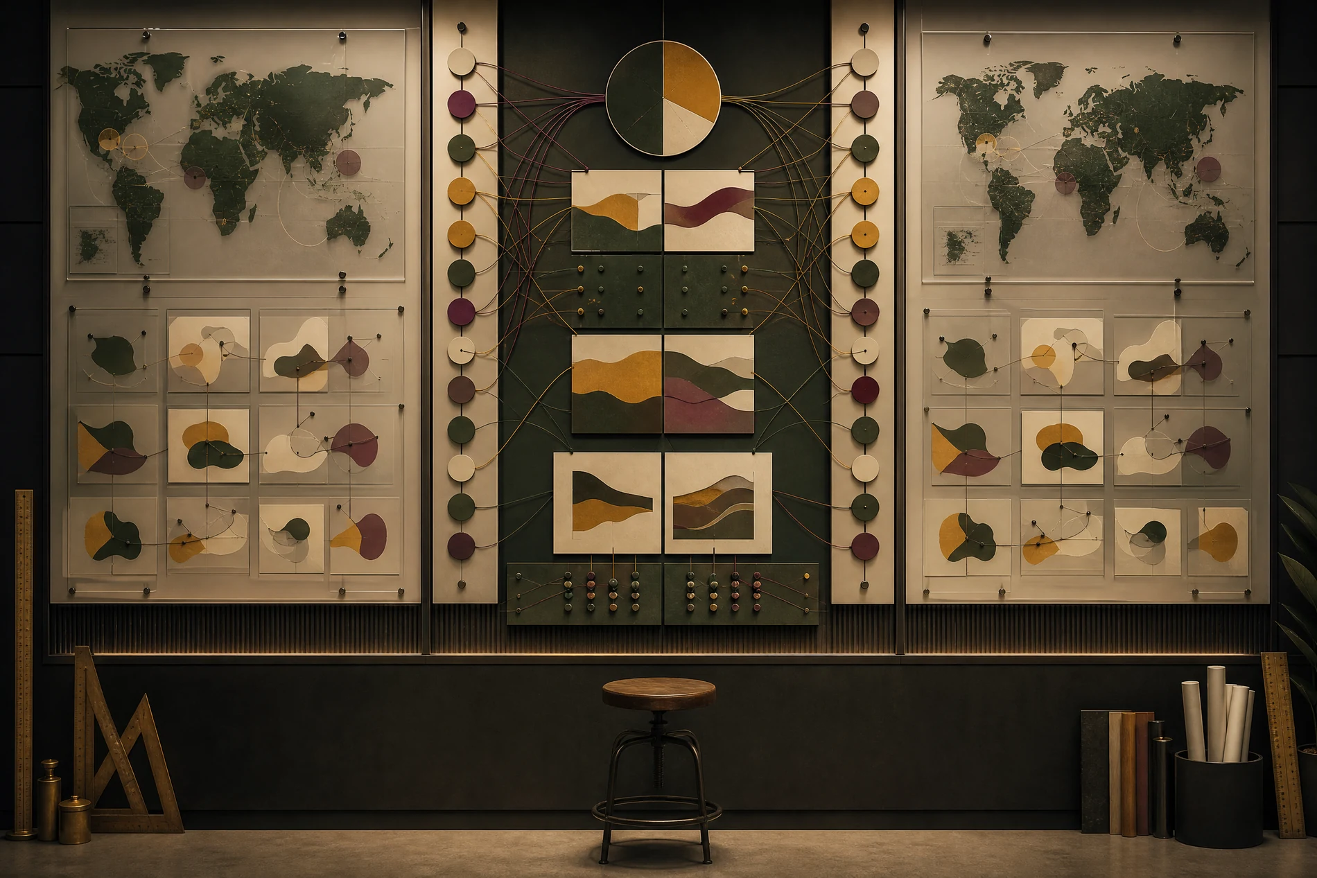 Physical comparison wall with audience maps, message diagrams and coloured cords
