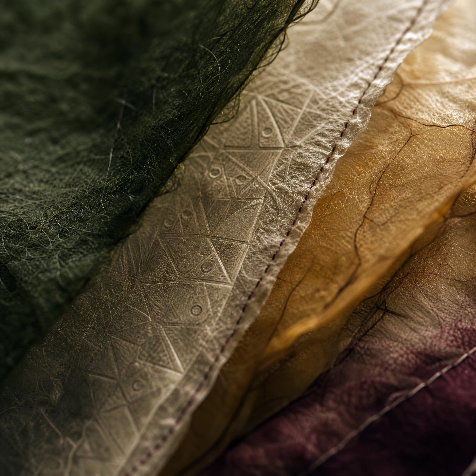 Macro view of layered paper fibres, translucent ink and stitched message seams