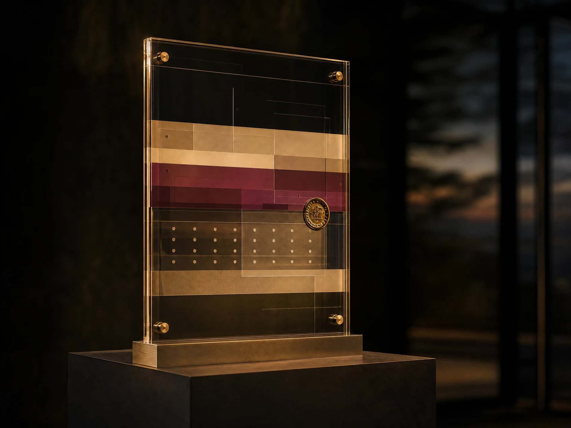 Translucent campaign result plate on a gallery plinth