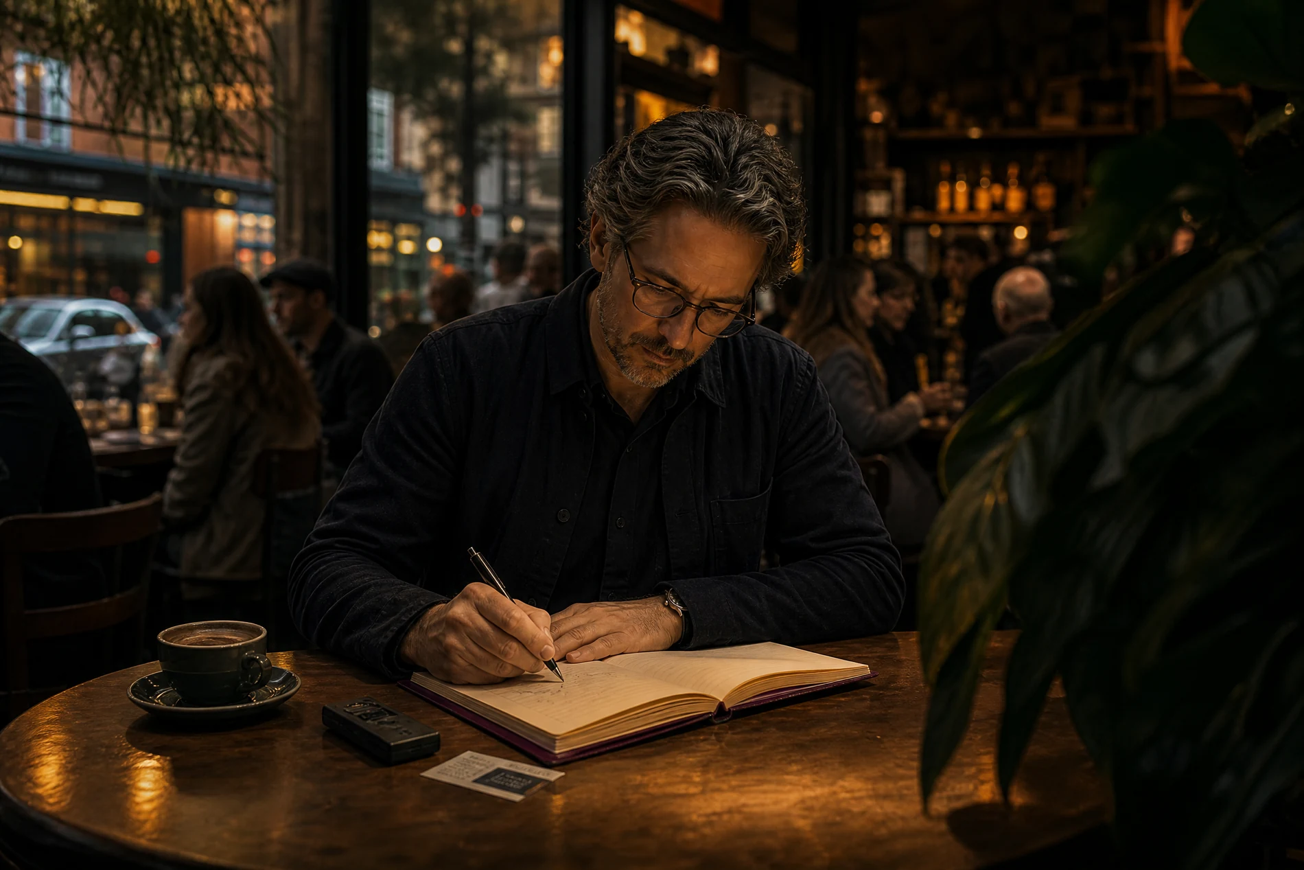 Field notebook being written in a busy cafe