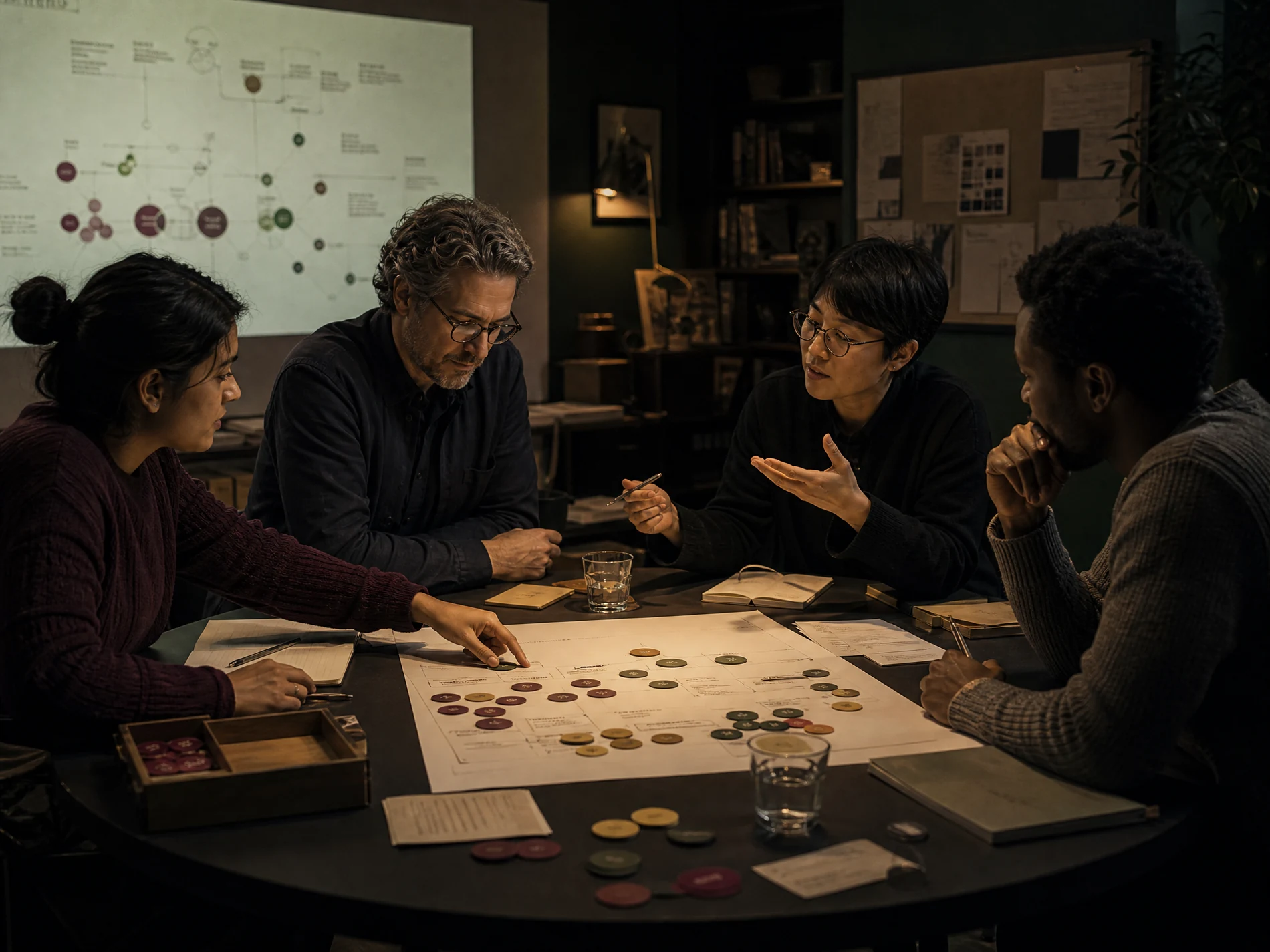 Four-person editorial team in a message critique session around a circular table